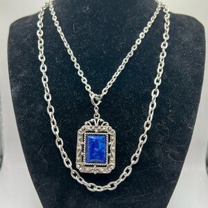 1973 Sarah Coventry “Roman Holiday” Silver Necklace with Blue Stone Pendant